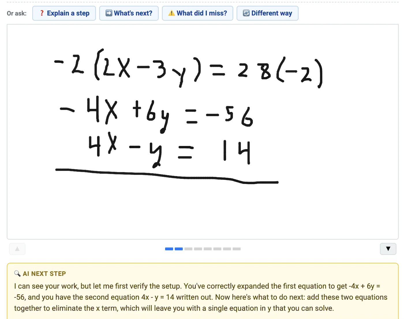 A student solving a linear-equations problem on the Bullseye Prep student dashboard whiteboard. The AI reads the scratch work and flags the next step.