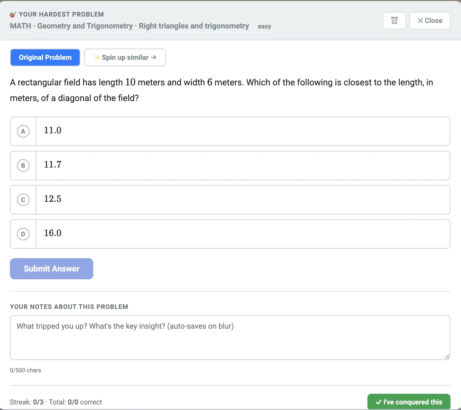 A flagged geometry problem in Bullseye Prep student dashboard — the student writes down what tripped them up, then retries until they conquer it.