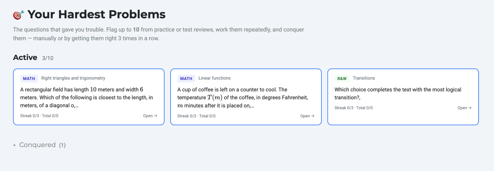 The Hardest Problems queue inside Bullseye Prep student dashboard — up to 10 missed questions the student works repeatedly until conquered.