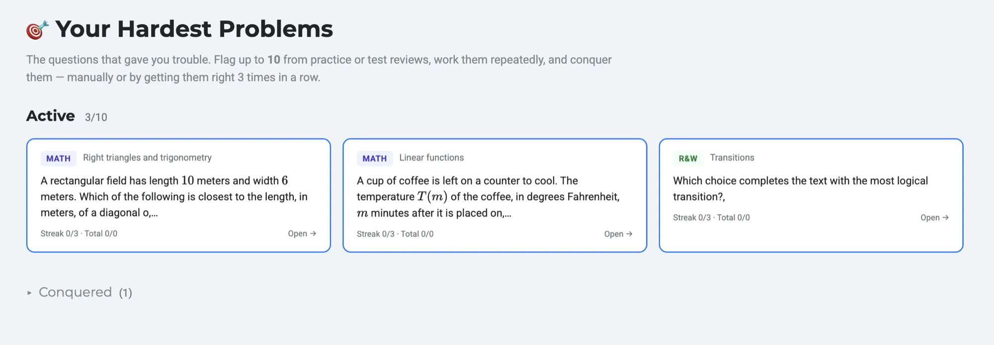 The Hardest Problems queue inside Bullseye Prep student dashboard — up to 10 missed questions the student works repeatedly until conquered.