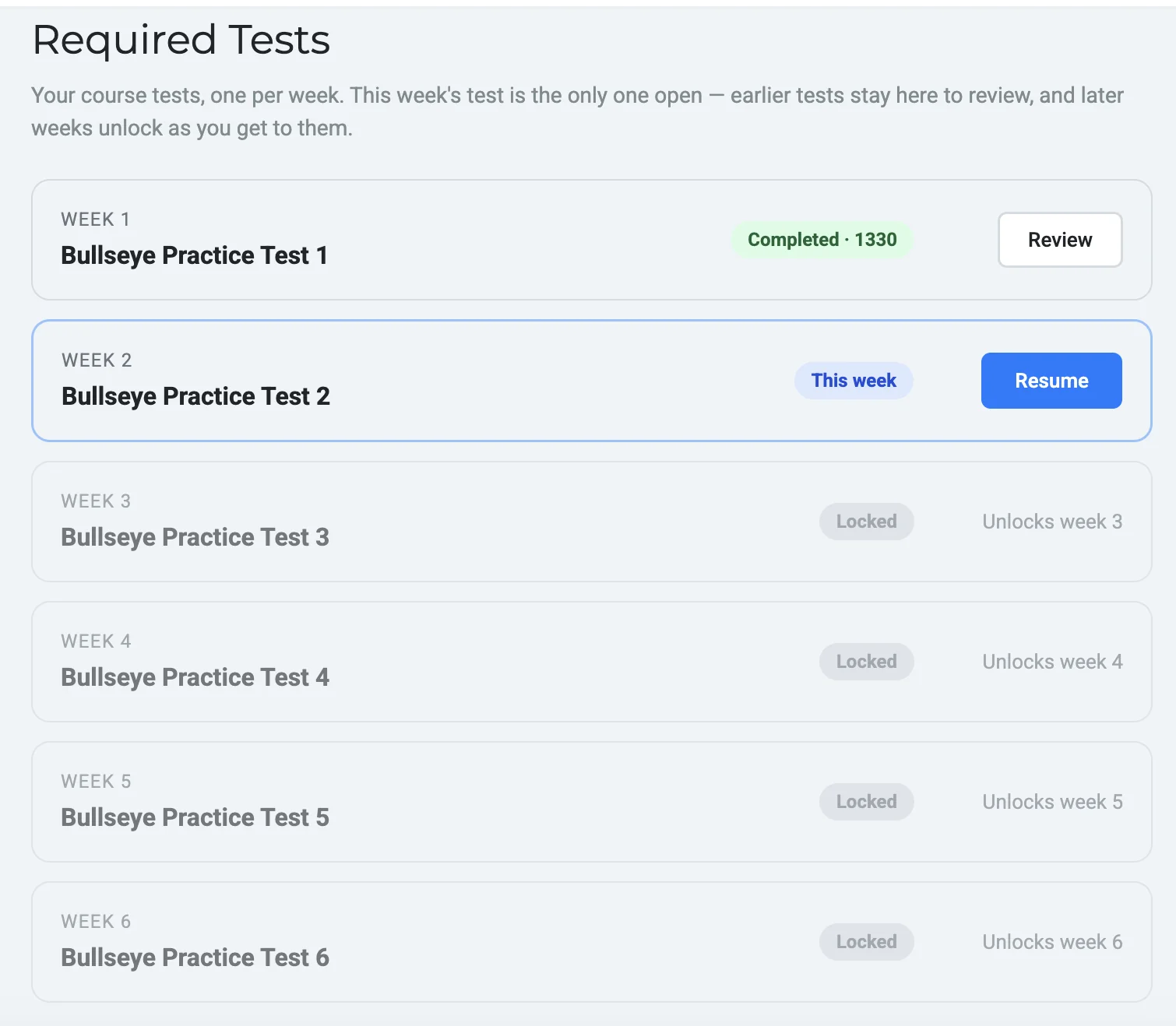 Bullseye Prep student dashboard showing the 6-week required test schedule — tests unlock weekly, no skipping ahead.