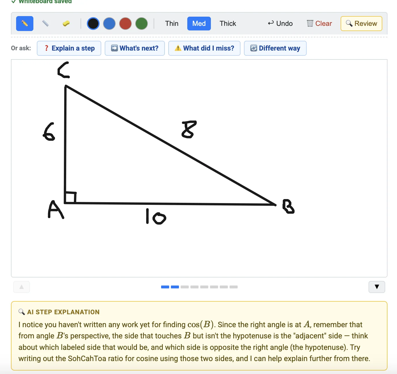 AI Tutor — whiteboard, hints, and the AI step explanation